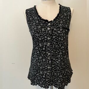 VTG Women’s Black Floral Button Front Vest Sz. S 90s Cottagecore Ruffle Hem